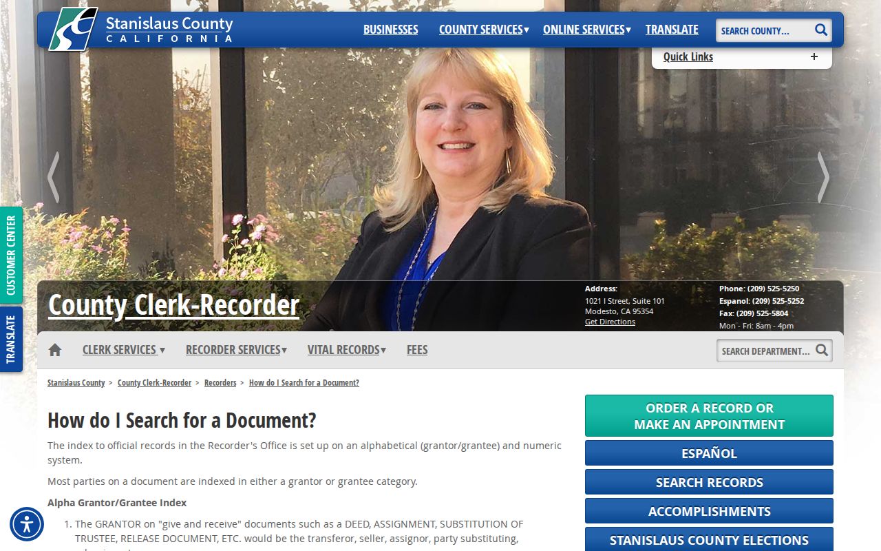 Patterson public records instructions for Stanislaus County recorder indexes