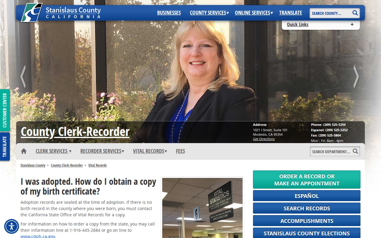 Patterson public records page for Stanislaus County vital certificates